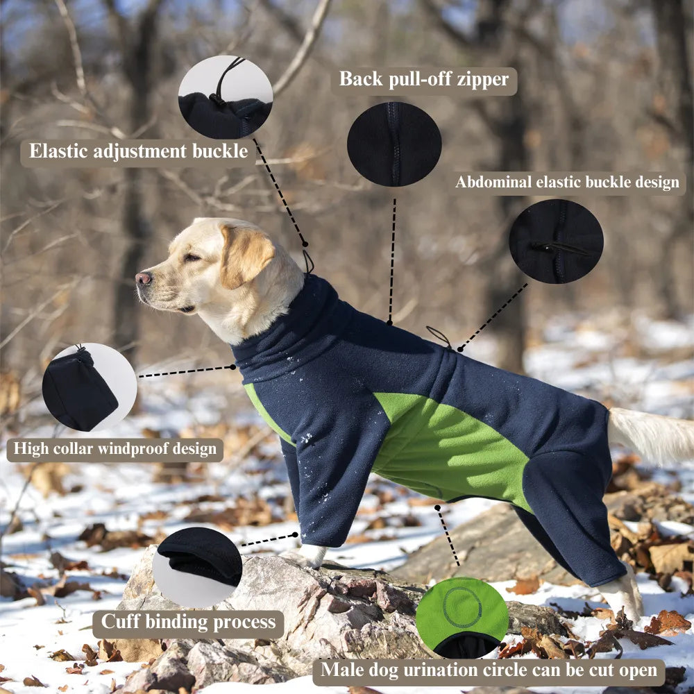 Warm Fleece Dog Jacket with High Collar, Windproof Design & Male Dog Pee Cut, Easy Zip Winter Coat